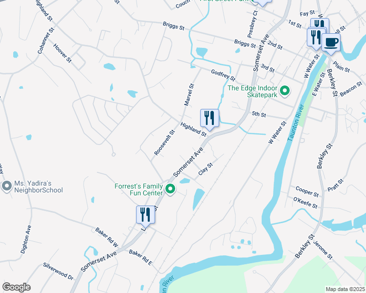 map of restaurants, bars, coffee shops, grocery stores, and more near 717 Somerset Avenue in Taunton