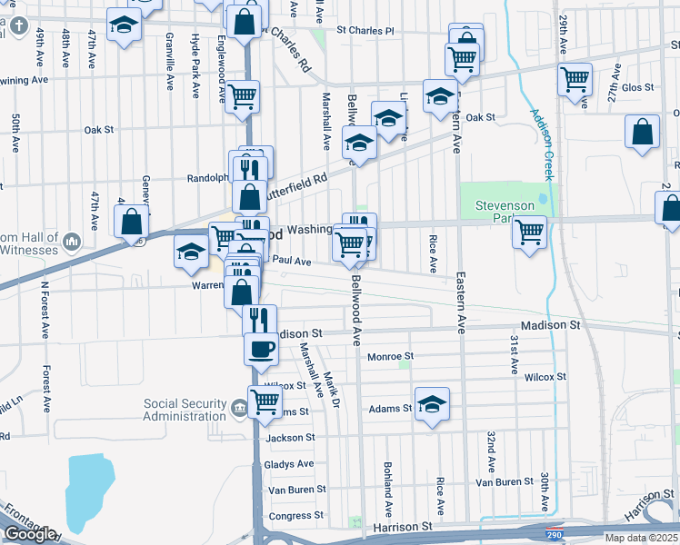 map of restaurants, bars, coffee shops, grocery stores, and more near 3712 Saint Paul Avenue in Bellwood