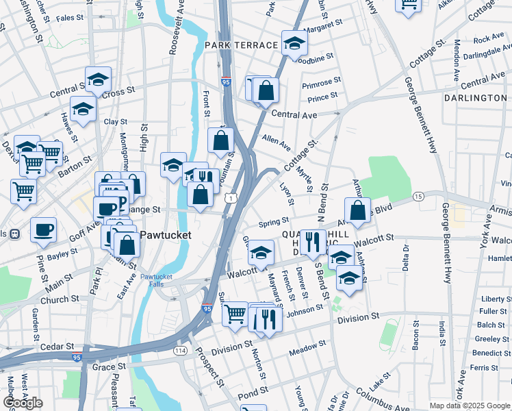 map of restaurants, bars, coffee shops, grocery stores, and more near 79 Cottage Street in Pawtucket