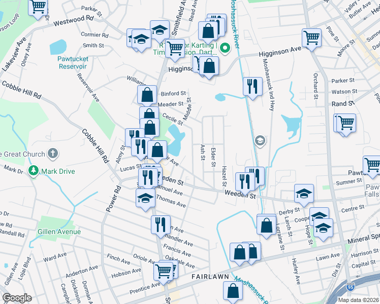 map of restaurants, bars, coffee shops, grocery stores, and more near 20 Columbia Avenue in Lincoln