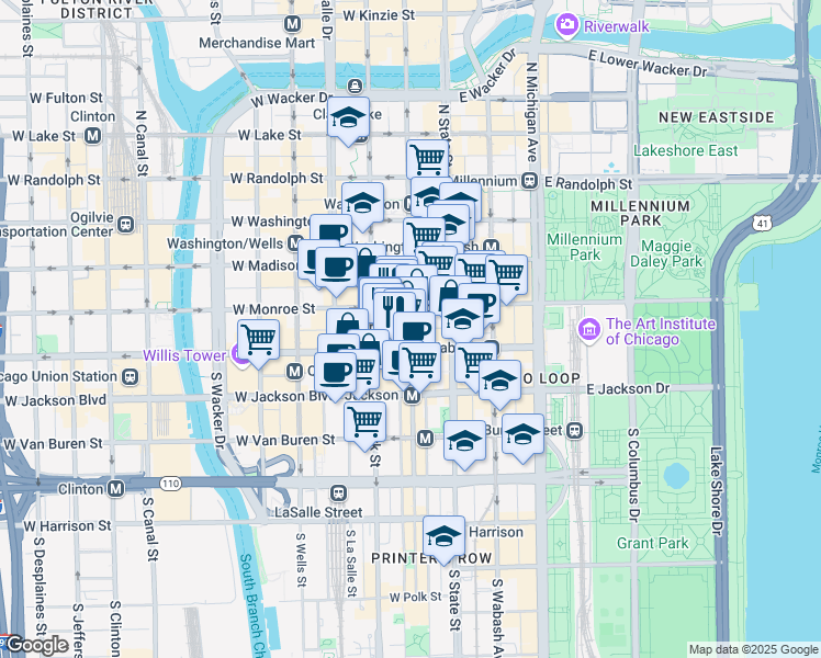 map of restaurants, bars, coffee shops, grocery stores, and more near 121 South Dearborn Street in Chicago