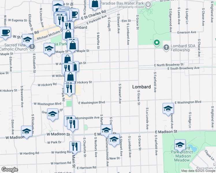 map of restaurants, bars, coffee shops, grocery stores, and more near 414 South Craig Place in Lombard