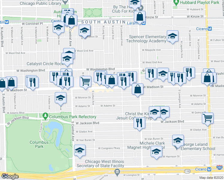 map of restaurants, bars, coffee shops, grocery stores, and more near 5337 West Madison Street in Chicago