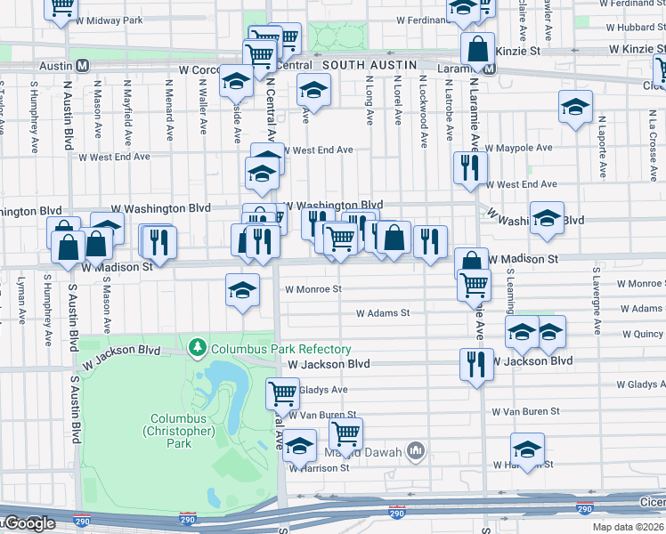 map of restaurants, bars, coffee shops, grocery stores, and more near 5451 West Madison Street in Chicago