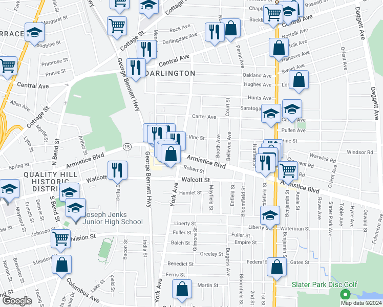 map of restaurants, bars, coffee shops, grocery stores, and more near 366 Armistice Boulevard in Pawtucket