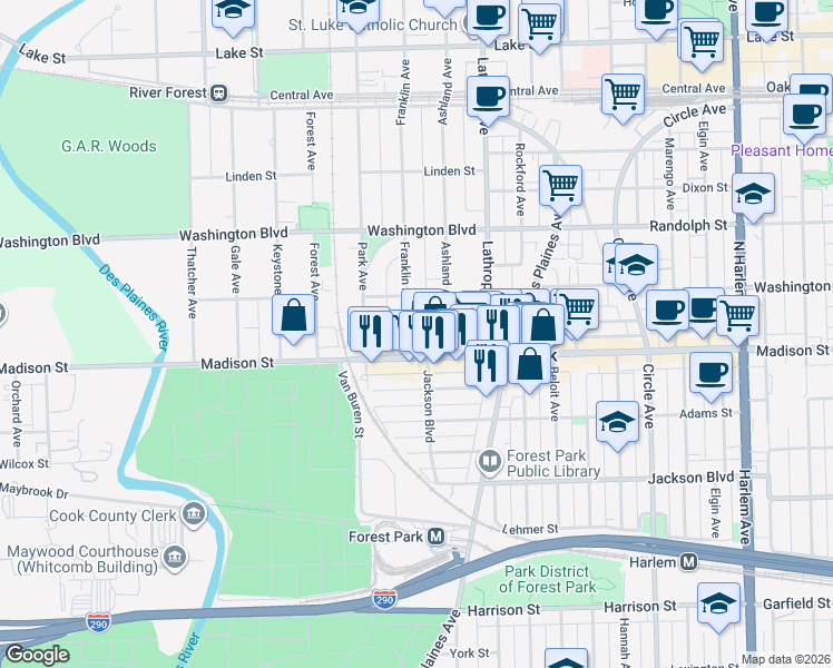 map of restaurants, bars, coffee shops, grocery stores, and more near 17 Franklin Avenue in River Forest