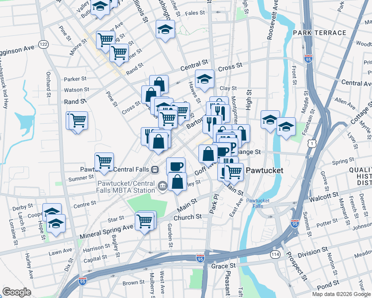 map of restaurants, bars, coffee shops, grocery stores, and more near 140 Dexter Street in Pawtucket
