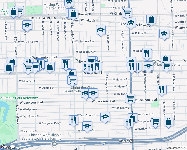 map of restaurants, bars, coffee shops, grocery stores, and more near 5041 W Madison St in Chicago