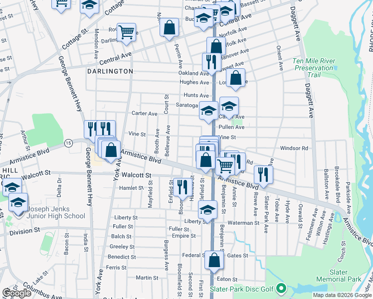 map of restaurants, bars, coffee shops, grocery stores, and more near 29 Alfred Street in Pawtucket