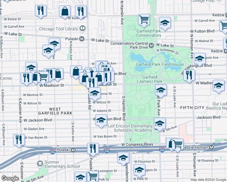 map of restaurants, bars, coffee shops, grocery stores, and more near 3800 West Monroe Street in Chicago