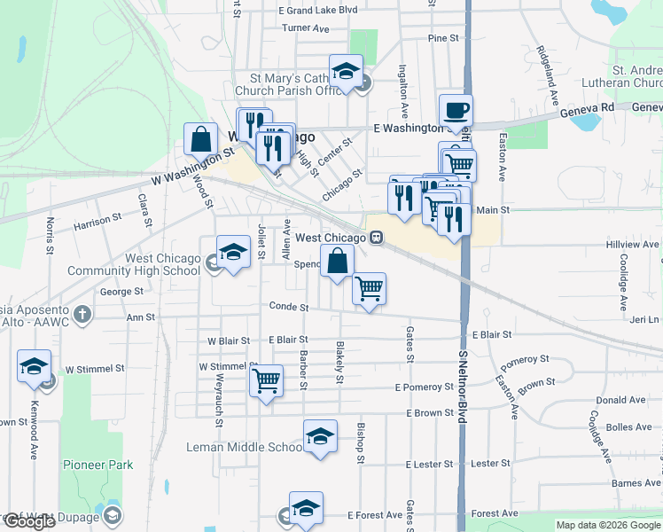 map of restaurants, bars, coffee shops, grocery stores, and more near 310 Wilson Avenue in West Chicago