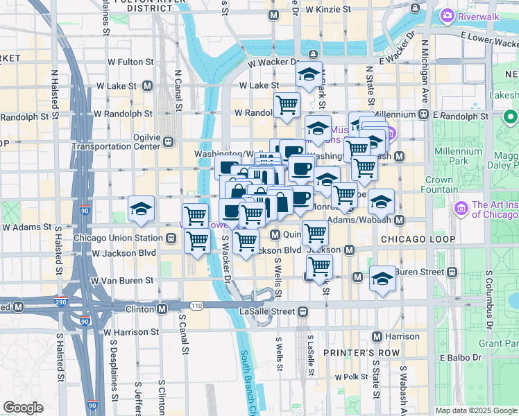 map of restaurants, bars, coffee shops, grocery stores, and more near 227 West Monroe Street in Chicago