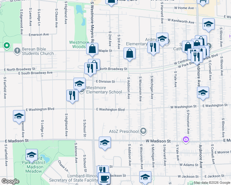 map of restaurants, bars, coffee shops, grocery stores, and more near East Woodrow Avenue in Lombard