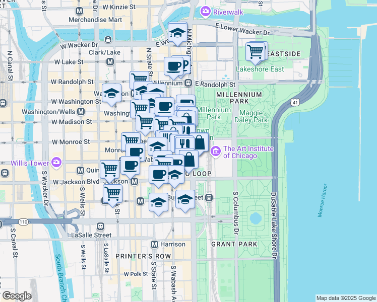 map of restaurants, bars, coffee shops, grocery stores, and more near 122 South Michigan Avenue in Chicago