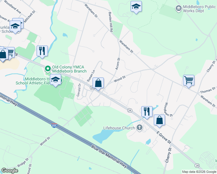 map of restaurants, bars, coffee shops, grocery stores, and more near 149 Wood Street in Middleborough