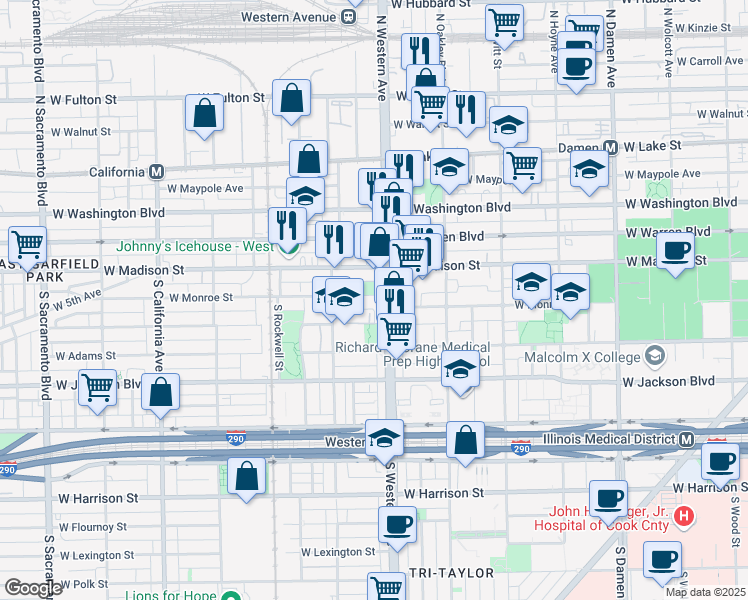 map of restaurants, bars, coffee shops, grocery stores, and more near 96 South Western Avenue in Chicago
