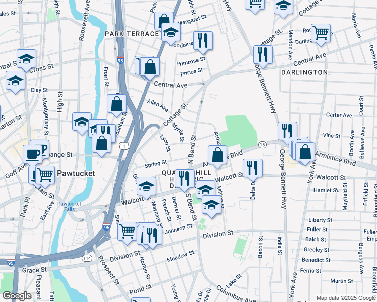 map of restaurants, bars, coffee shops, grocery stores, and more near 80 North Bend Street in Pawtucket