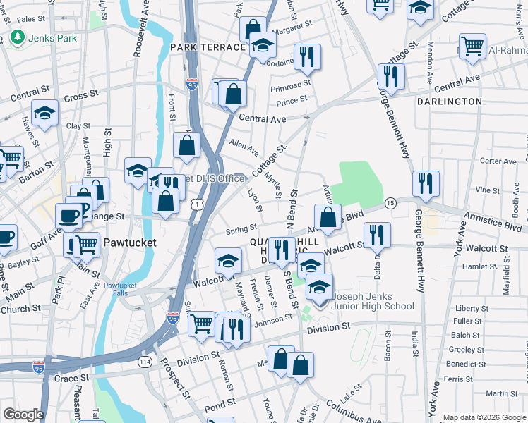 map of restaurants, bars, coffee shops, grocery stores, and more near 66 Lyon Street in Pawtucket