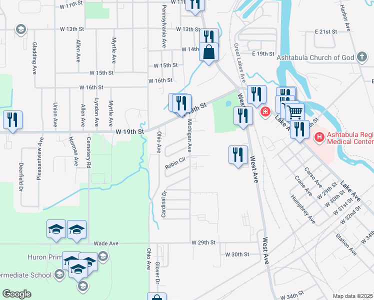 map of restaurants, bars, coffee shops, grocery stores, and more near 1749 Blue Jay Circle in Ashtabula
