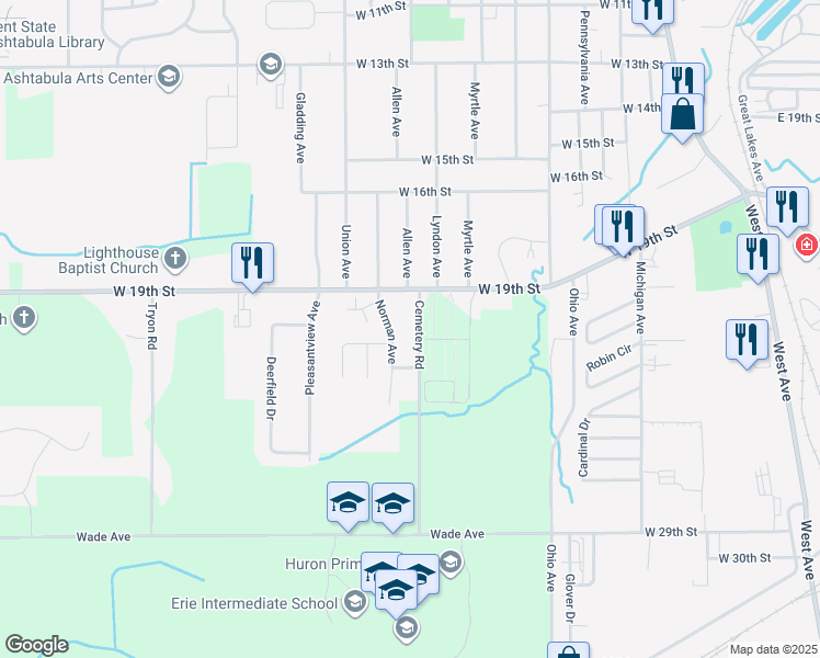 map of restaurants, bars, coffee shops, grocery stores, and more near 2018 Norman Avenue in Ashtabula