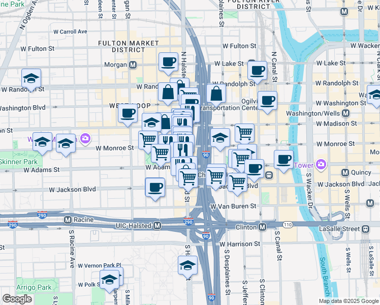 map of restaurants, bars, coffee shops, grocery stores, and more near 765 West Monroe Street in Chicago