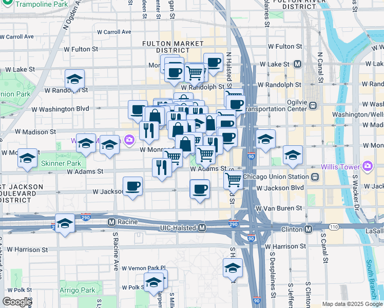 map of restaurants, bars, coffee shops, grocery stores, and more near 119 South Sangamon Street in Chicago