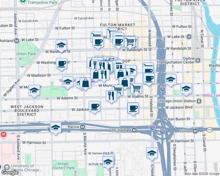 map of restaurants, bars, coffee shops, grocery stores, and more near 1051 West Monroe Street in Chicago