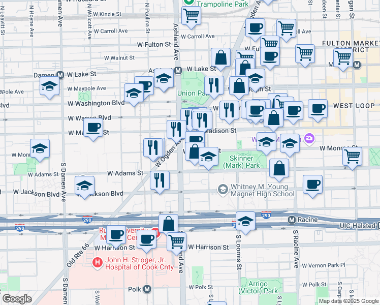 map of restaurants, bars, coffee shops, grocery stores, and more near 105 South Ashland Avenue in Chicago