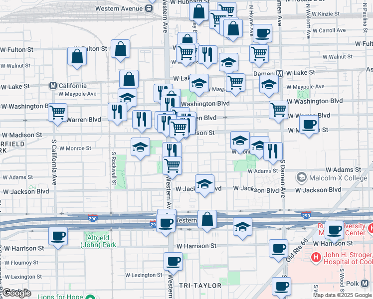 map of restaurants, bars, coffee shops, grocery stores, and more near 2332 West Monroe Street in Chicago