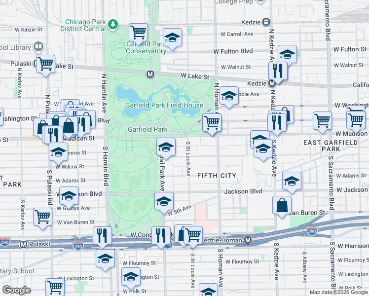map of restaurants, bars, coffee shops, grocery stores, and more near 30 South Saint Louis Avenue in Chicago