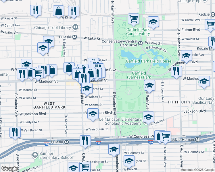 map of restaurants, bars, coffee shops, grocery stores, and more near 3800 West Monroe Street in Chicago