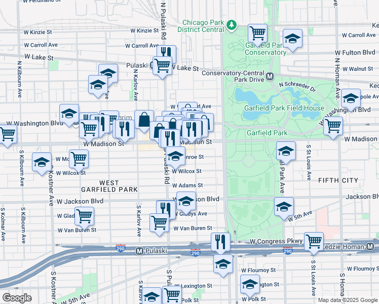 map of restaurants, bars, coffee shops, grocery stores, and more near 3856 West Monroe Street in Chicago