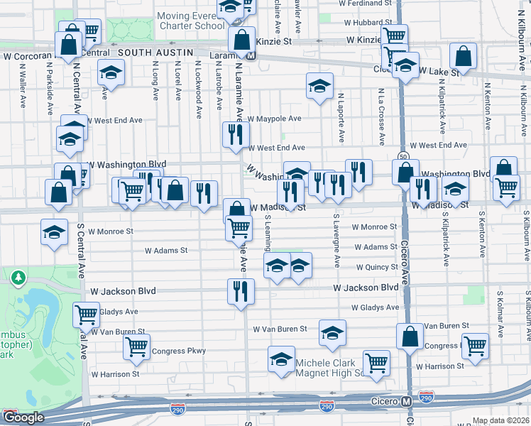 map of restaurants, bars, coffee shops, grocery stores, and more near 5107 West Madison Street in Chicago