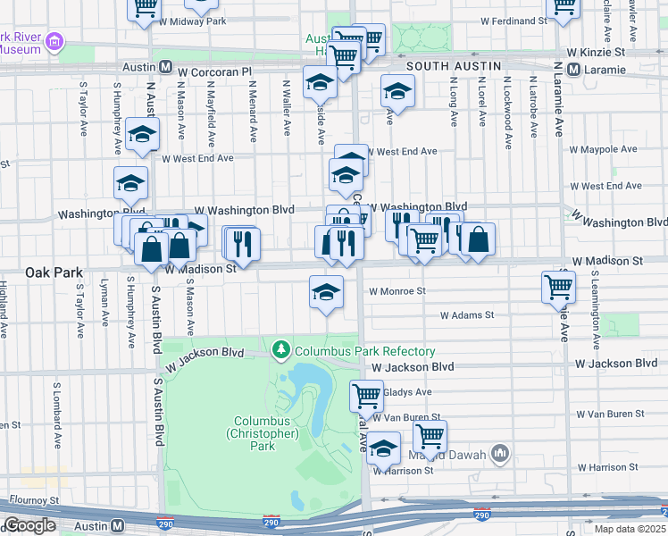 map of restaurants, bars, coffee shops, grocery stores, and more near 5635 West Madison Street in Chicago