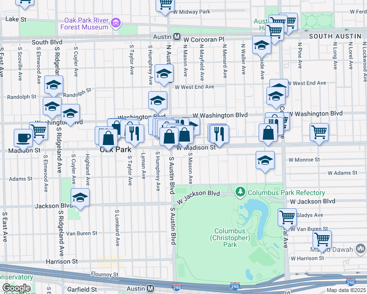 map of restaurants, bars, coffee shops, grocery stores, and more near in Oak Park