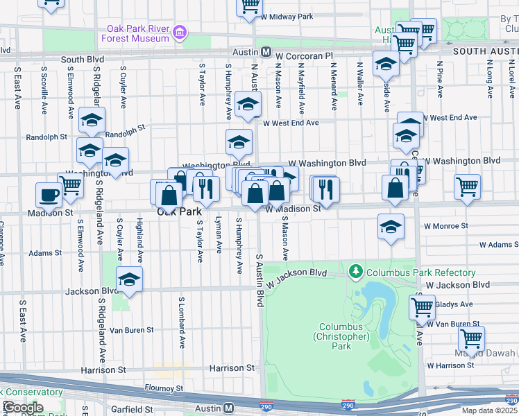 map of restaurants, bars, coffee shops, grocery stores, and more near in Oak Park