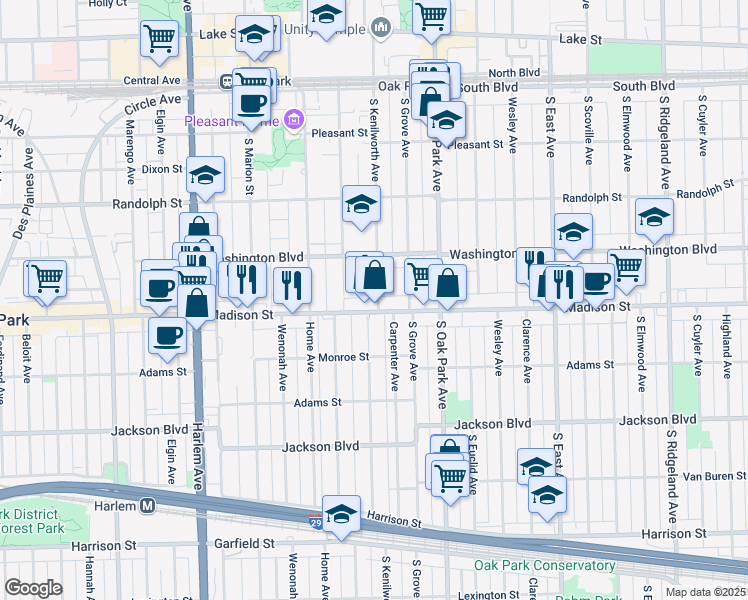map of restaurants, bars, coffee shops, grocery stores, and more near 848 Madison Street in Oak Park