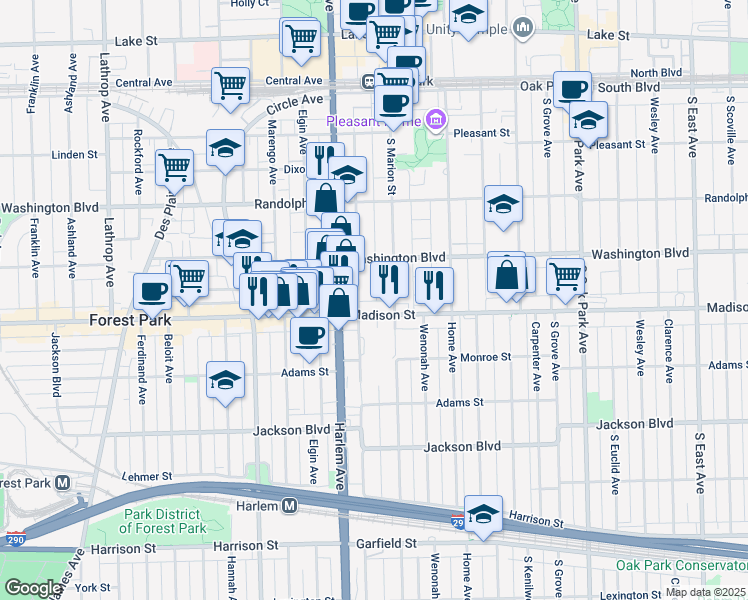 map of restaurants, bars, coffee shops, grocery stores, and more near 1100 Madison Street in Oak Park
