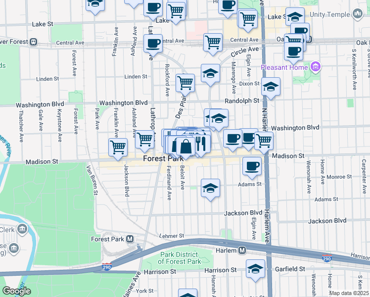 map of restaurants, bars, coffee shops, grocery stores, and more near 7441 Madison Street in Forest Park