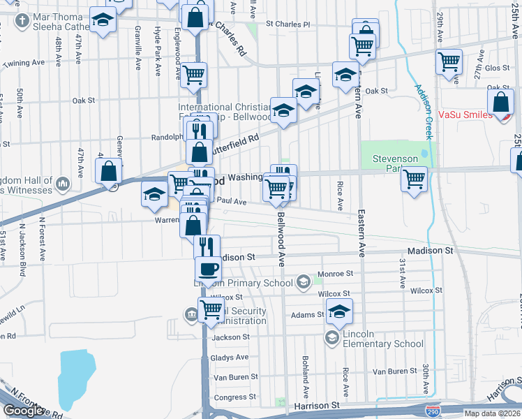 map of restaurants, bars, coffee shops, grocery stores, and more near 3712 Saint Paul Avenue in Bellwood