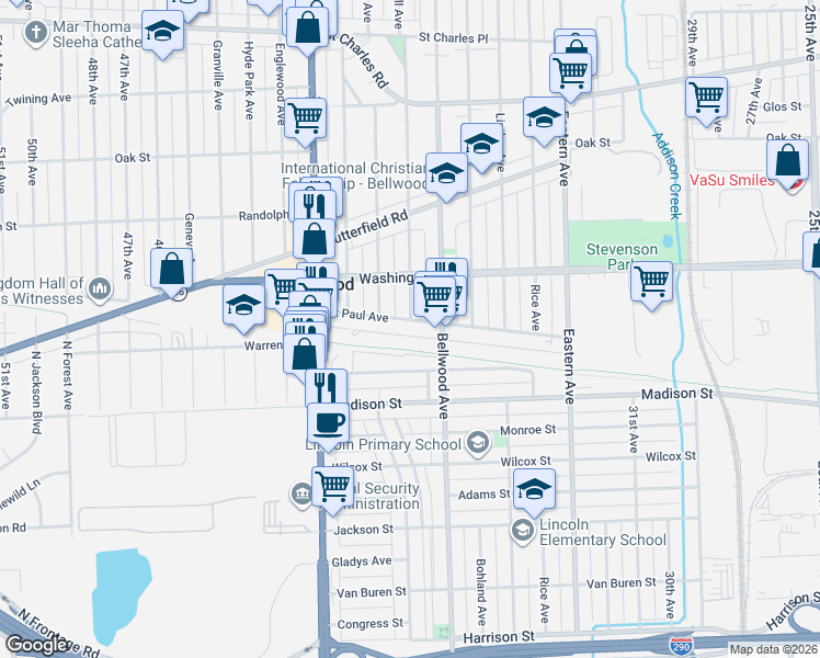 map of restaurants, bars, coffee shops, grocery stores, and more near 3712 Saint Paul Avenue in Bellwood
