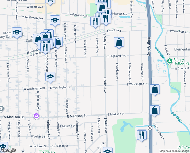 map of restaurants, bars, coffee shops, grocery stores, and more near 527 South Euclid Avenue in Villa Park