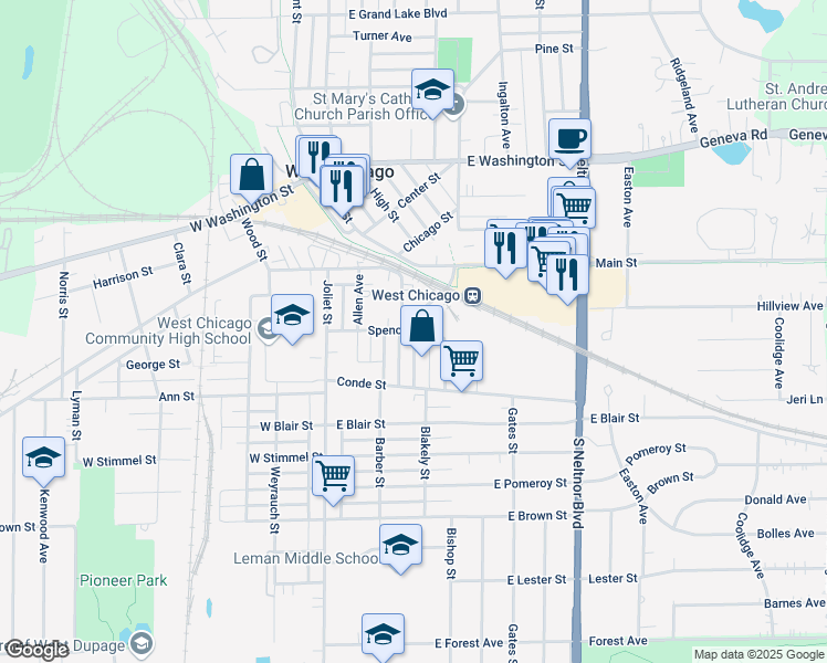 map of restaurants, bars, coffee shops, grocery stores, and more near 310 Wilson Avenue in West Chicago