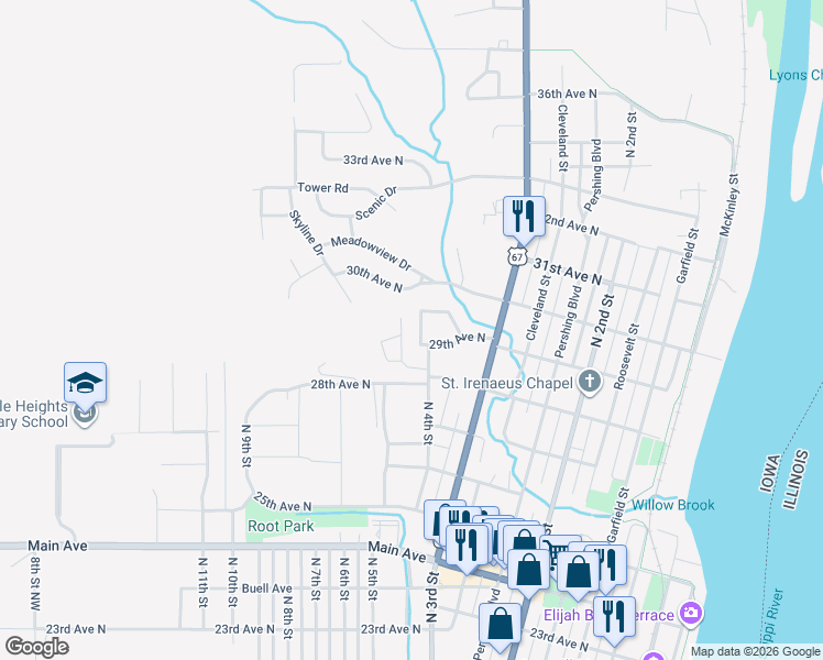 map of restaurants, bars, coffee shops, grocery stores, and more near 2904 North 4th Street in Clinton