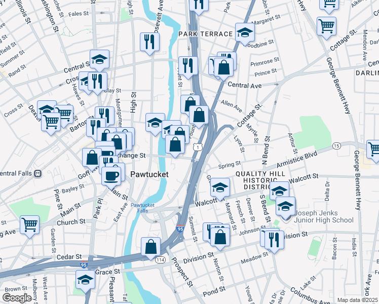 map of restaurants, bars, coffee shops, grocery stores, and more near 214 Broadway in Pawtucket