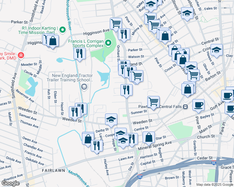 map of restaurants, bars, coffee shops, grocery stores, and more near 48 Ivy Street in Pawtucket