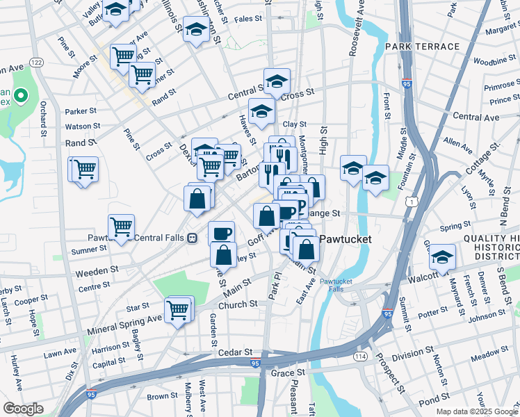 map of restaurants, bars, coffee shops, grocery stores, and more near 16 Mason Street in Cumberland