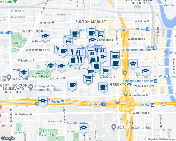 map of restaurants, bars, coffee shops, grocery stores, and more near 1013 West Monroe Street in Chicago