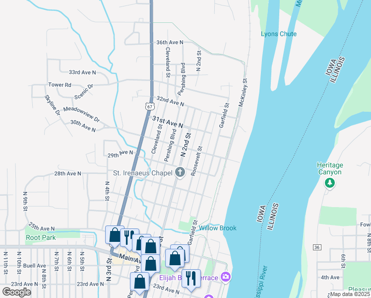 map of restaurants, bars, coffee shops, grocery stores, and more near 2901 North 2nd Street in Clinton