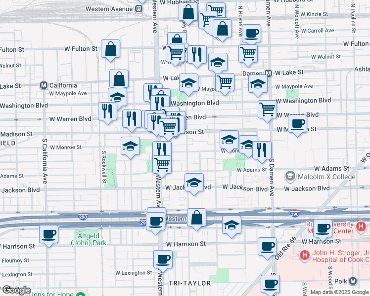 map of restaurants, bars, coffee shops, grocery stores, and more near 2300 West Monroe Street in Chicago